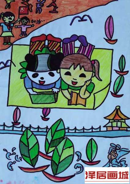 儿童画我和福娃为比赛喝彩简单水彩画图片大全