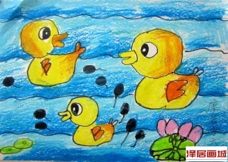 儿童画小鸭子划水