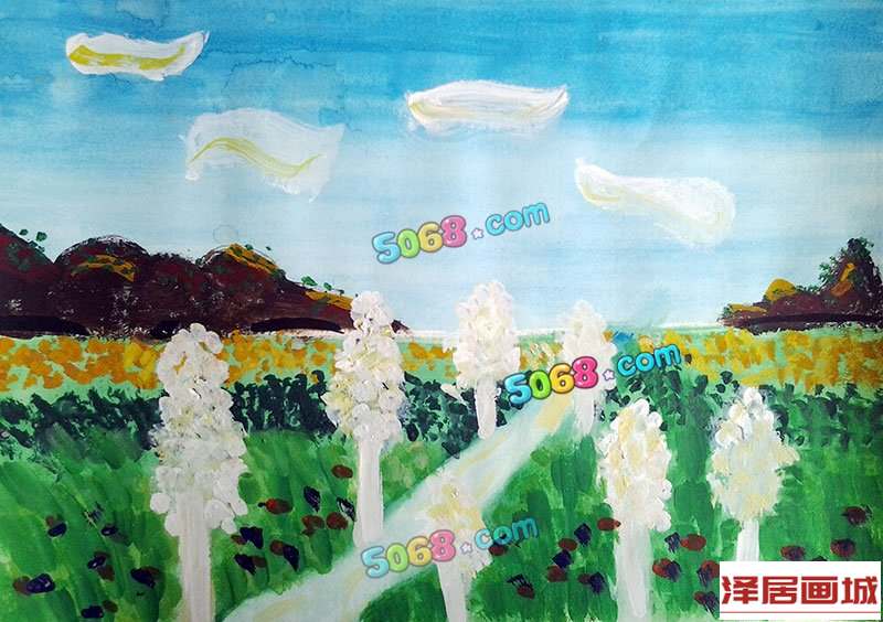 儿童画优秀儿童画作品欣赏-美丽的白桦林