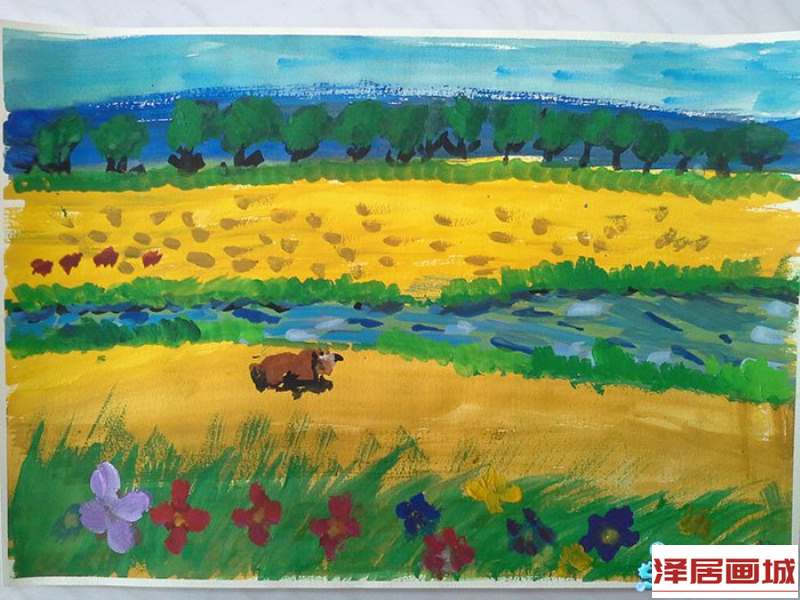 儿童画儿童画画大全水彩画-河边的水牛