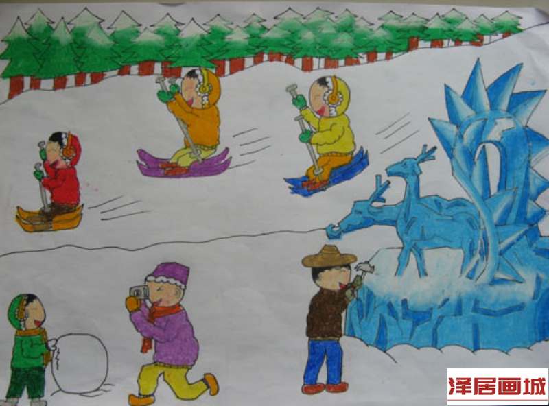 儿童画冬天堆雪人