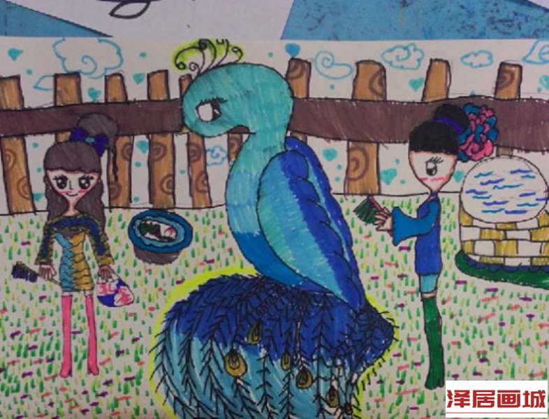 儿童画游玩动物园