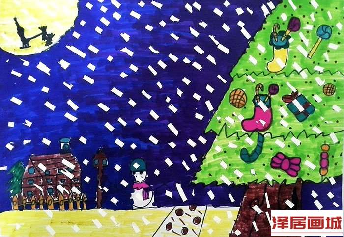 儿童画美丽的冬天儿童画-夜晚的冬季