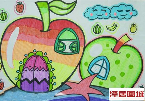 儿童画漂亮的苹果屋