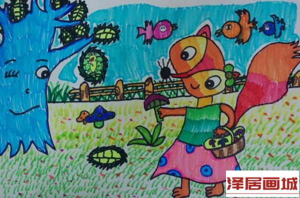 儿童画采蘑菇的狐狸小姐