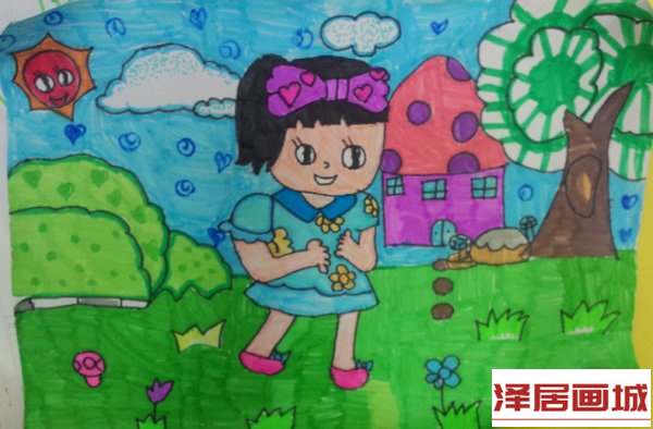 儿童画公园里的小女孩