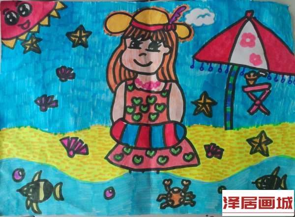 儿童画美好的海边之旅