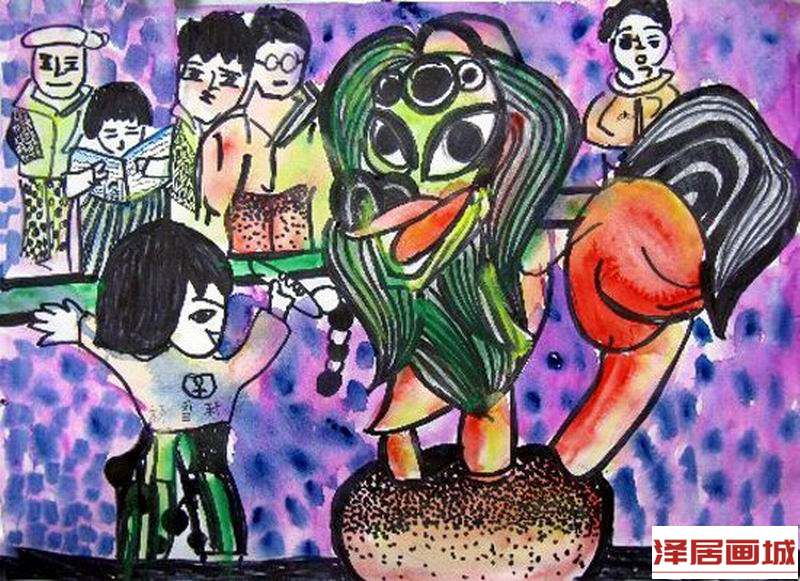 儿童画狮子踩高跷