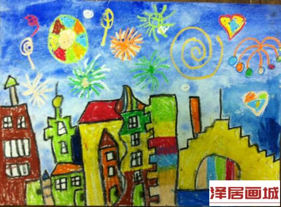 儿童画天空中的烟花