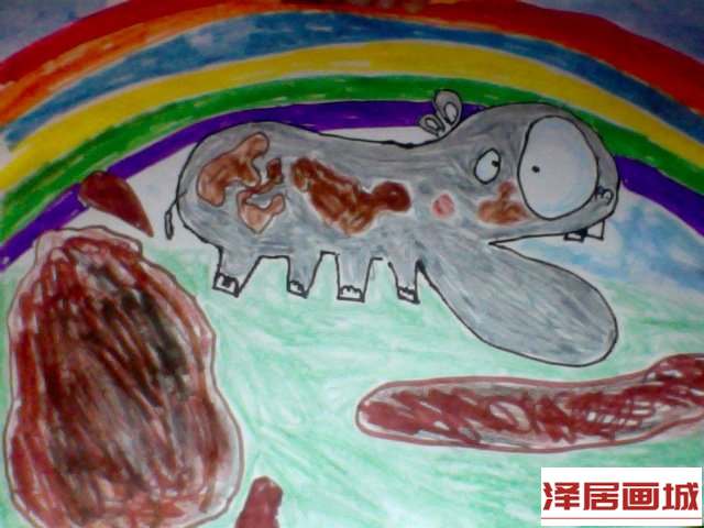 儿童画小学生水彩画作品欣赏-泥坑里玩耍的河马