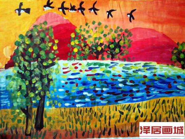 儿童画秋日夕阳
