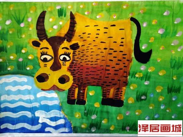 儿童画小牛喝水