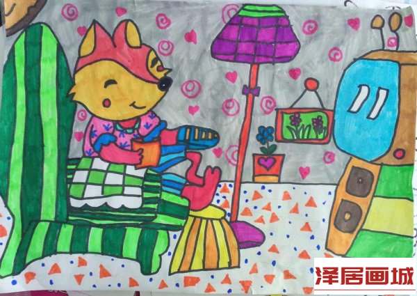 儿童画看电视的小狐狸