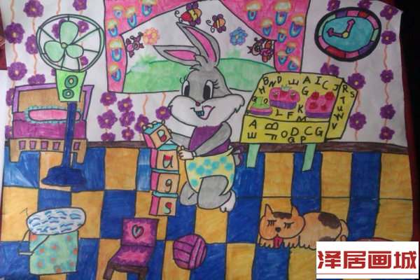 儿童画堆积木的兔八哥