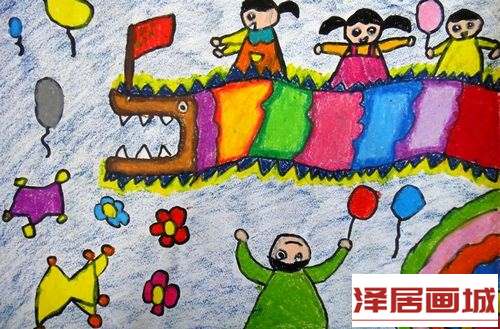 儿童画欢度春节儿童画-春节和小伙伴舞龙狮