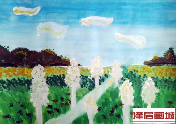儿童画白桦林