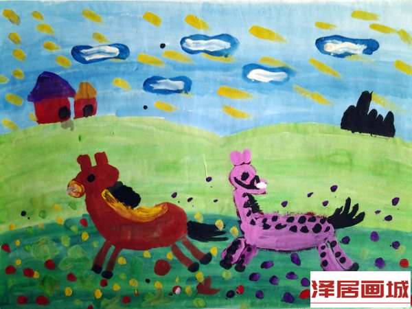 儿童画草原上的马儿
