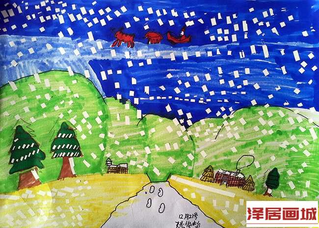 儿童画冬天雪景儿童画-家乡的冬天