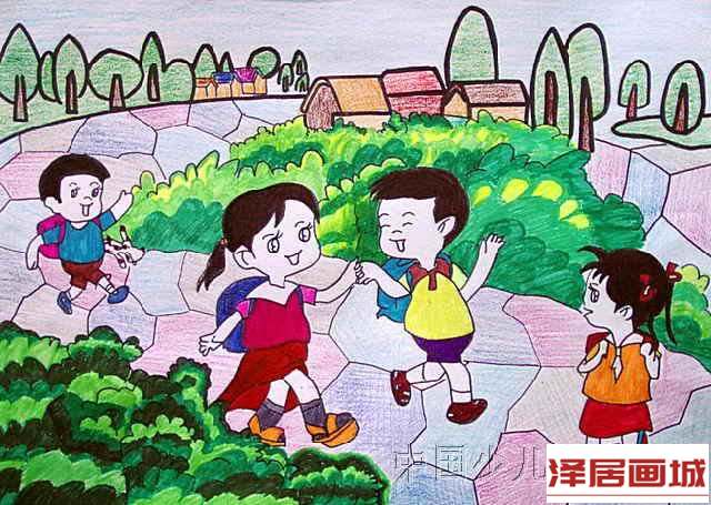 儿童画开学了儿童画-开开心心上学校