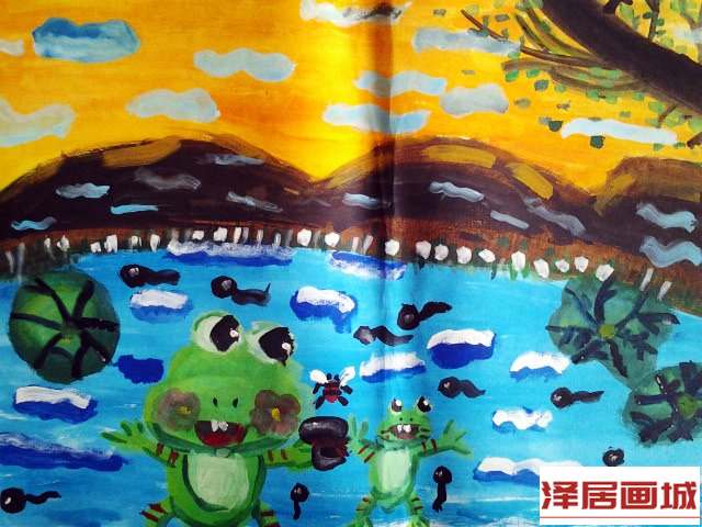 儿童画风景水彩画图片大全-池塘里美丽的青蛙