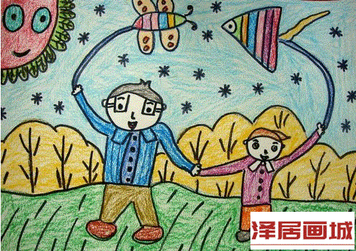 儿童画我和爸爸放风筝
