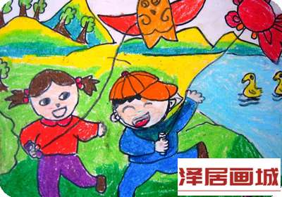 儿童画春天我和风筝来作伴