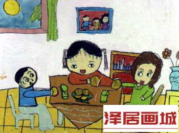 儿童画感恩节与父母共进晚餐