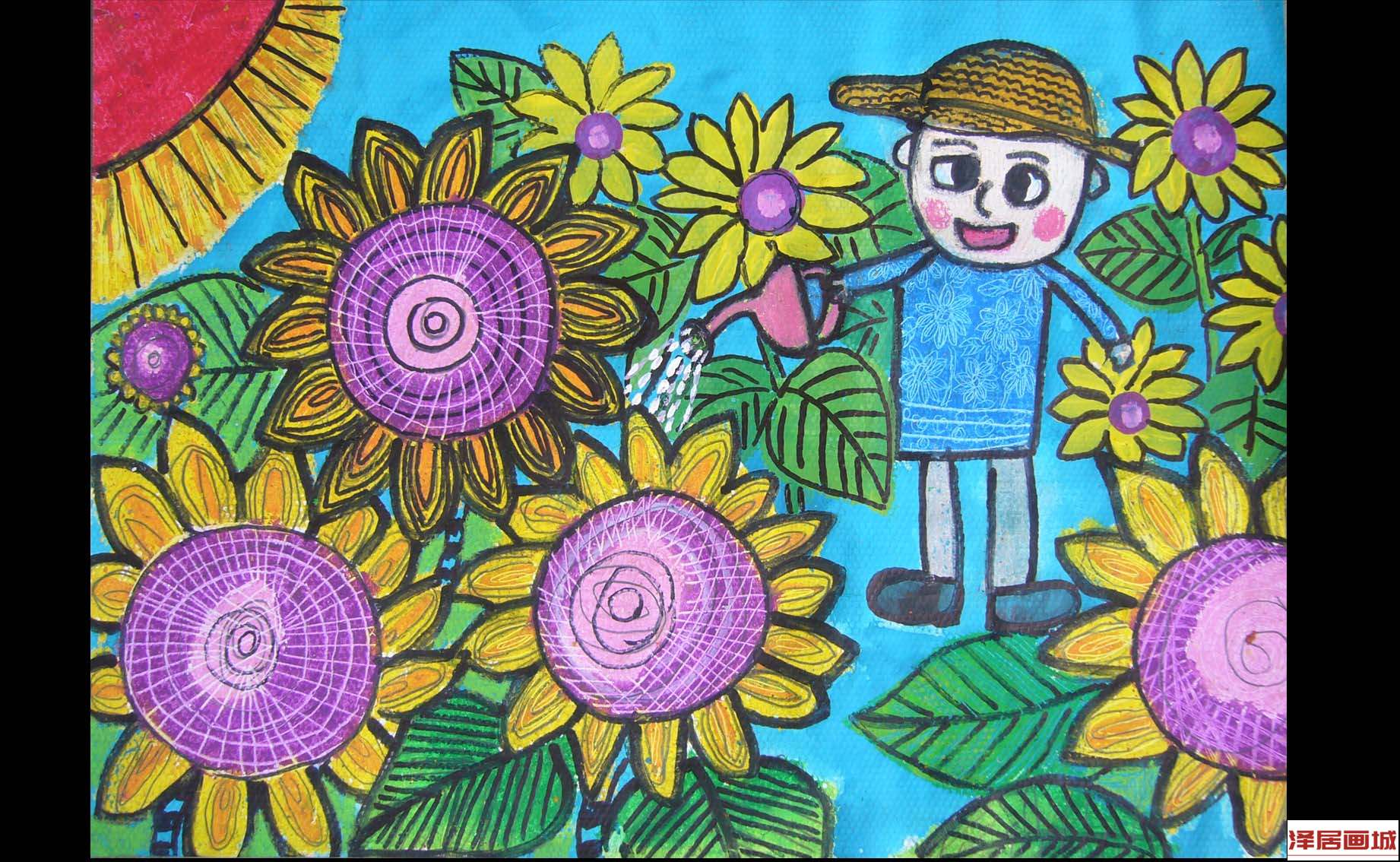儿童画给花浇水