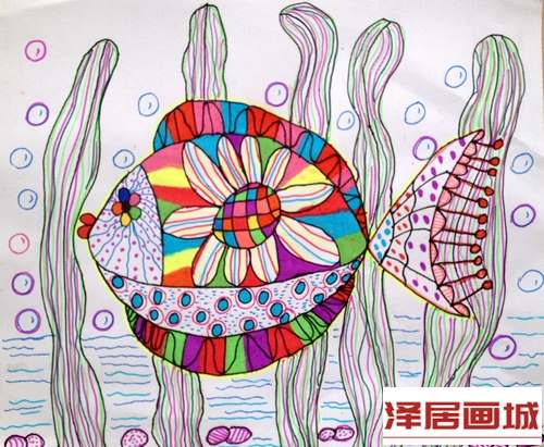 儿童画深海鱼群_水彩画