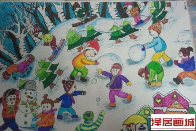 儿童画大家一起玩雪