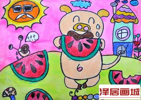 儿童画吃西瓜的小猪
