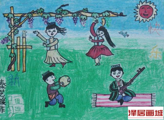 儿童画跳新疆舞的小女孩