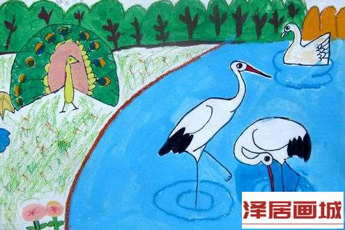 儿童画美丽的白鹤