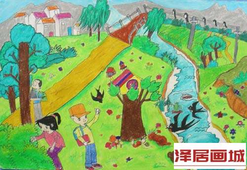 儿童画我们在春天里玩耍