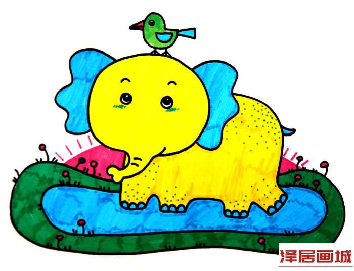 儿童画小鸟和大象