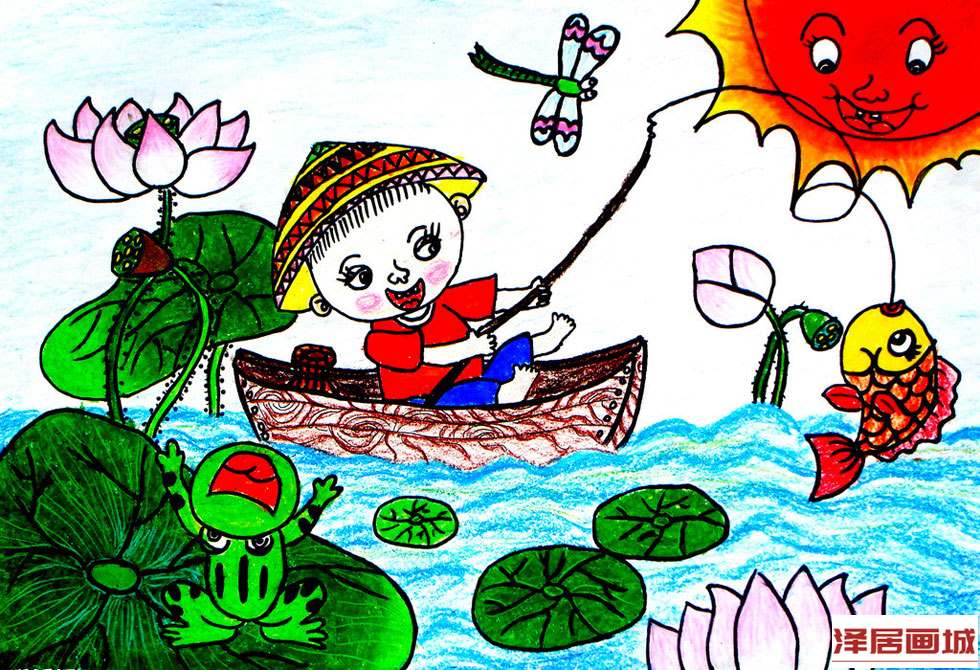 儿童画小儿垂钓_儿童画