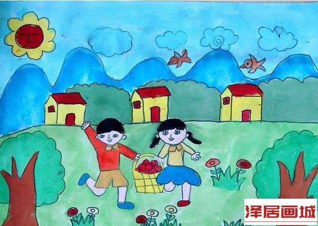 儿童画一起摘苹果