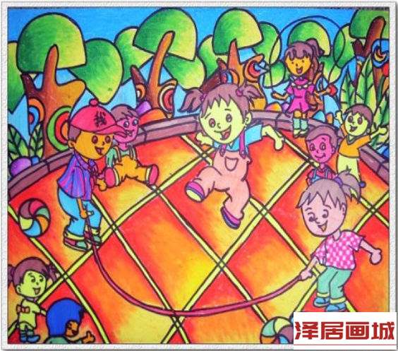 儿童画我们一起跳皮筋