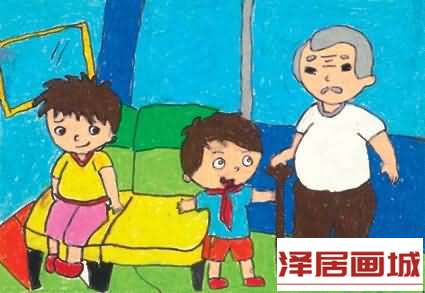 儿童画红领巾给爷爷让座