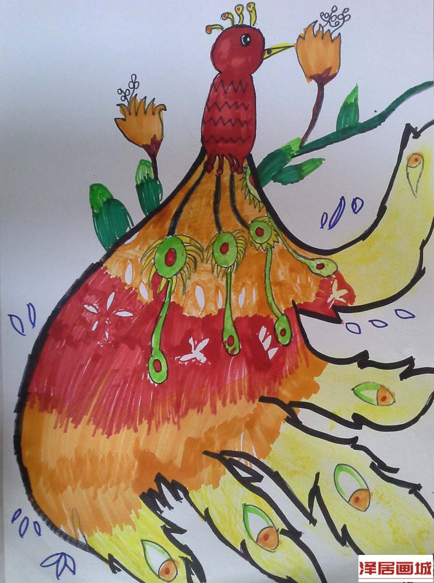 儿童画彩色的孔雀