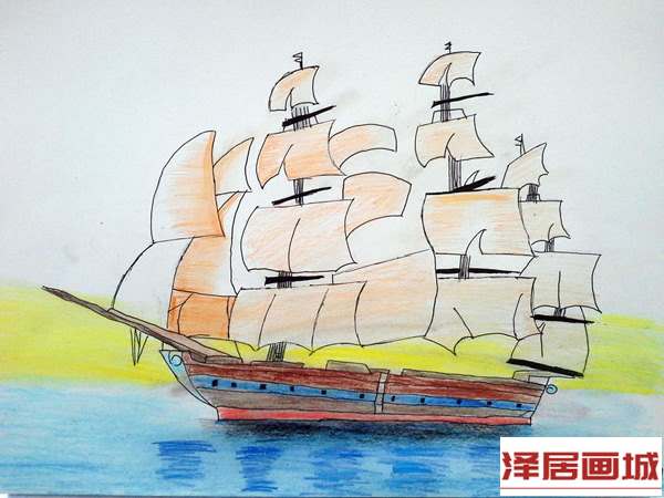 儿童画漂流的小船