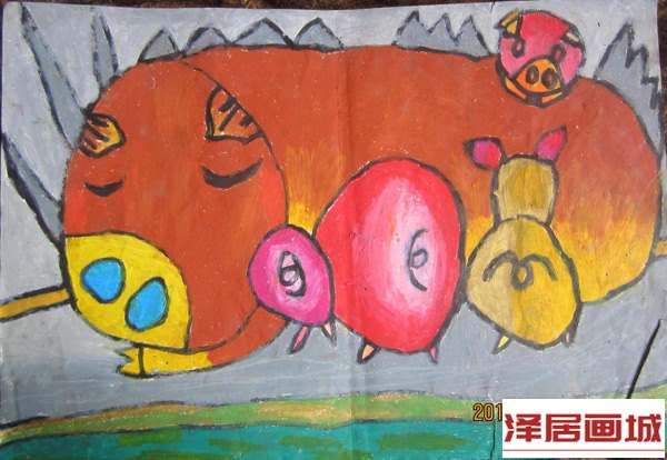 儿童画幸福的小猪一家