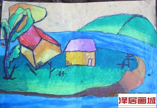 儿童画小山旁边的房子