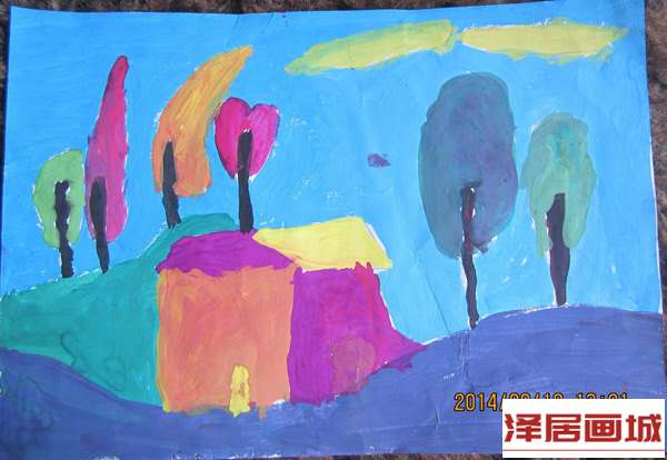 儿童画房屋旁边的小树