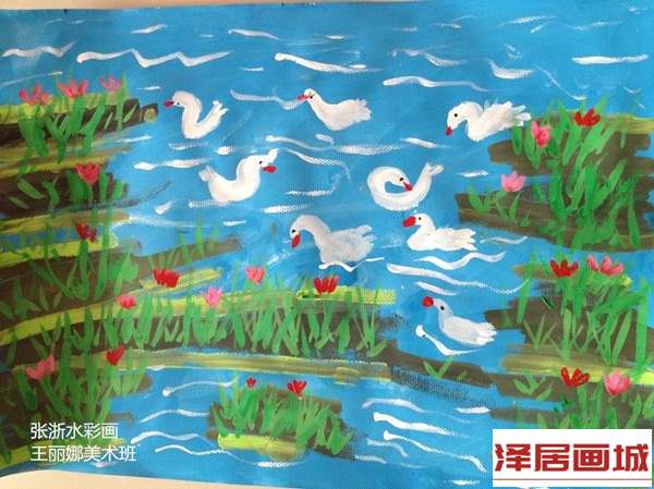儿童画小鸭水中游