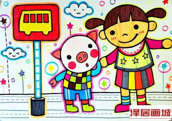 儿童画我和小猪来合影