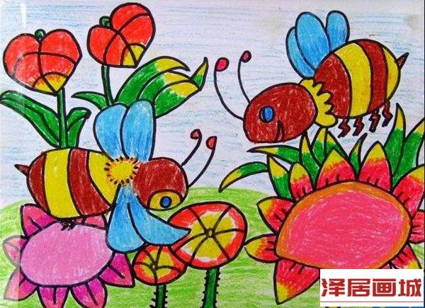 儿童画两只小蜜蜂采花蜜