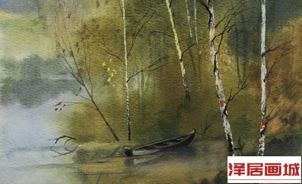 儿童画湖水中的小旧船