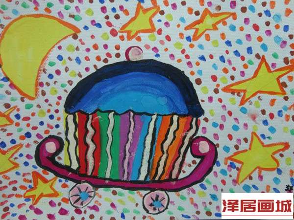 儿童画星星下的小车