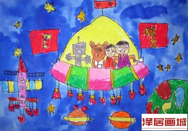 儿童画国庆太空行